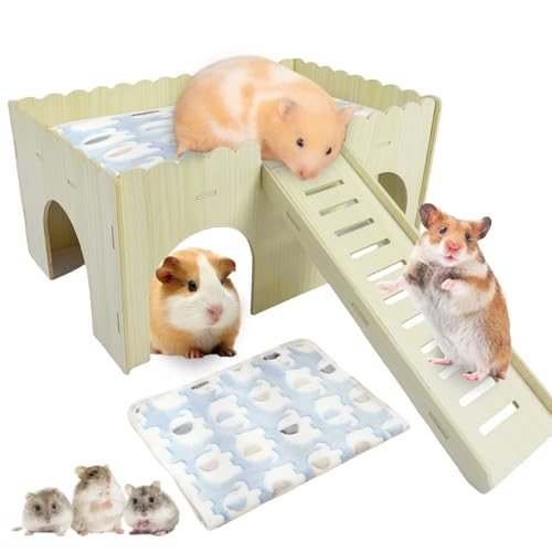 GOEDCH Groß Meerschweinchen Haus mit Rampe: Meerschweinchen Spielzeug Zubehoer mit Treppe und Blau Elefant Matten, Holz Hamsterhaus für Zwerg Hamster Rennmäuse Degus Stachelmäuse Kaninchen von GOEDCH