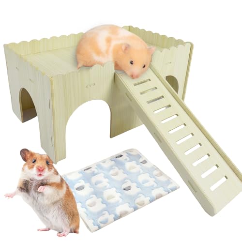 GOEDCH Groß Meerschweinchen Haus mit Rampe: Meerschweinchen Spielzeug Zubehoer mit Treppe und Blau Elefant Matten, Holz Hamsterhaus für Zwerg Hamster Rennmäuse Degus Stachelmäuse Kaninchen von GOEDCH