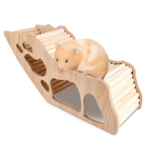 GOEDCH Hamster-Kletterleiter mit Hamster Tunnel: Hamsterhaus aus Holz, Hamster Spielzeug, Holz-Kletterspielzeug Versteck für Kleine Haustiere, Rennmäuse, Degus, Stachelmäuse, Zwerghamster von GOEDCH