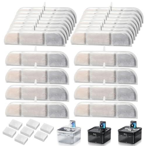 GOEDCH Katzenbrunnen Filter: 24 Stück Filter für DownyPaws Katzenbrunnen, 24 Stück Filter + Schwämme, katzenbrunnen Ersatzfilter, Trinkbrunnen für 2.5L Automatisch Wasserbrunnen Katzen von GOEDCH