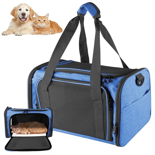 GOEDCH Transporttasche für Katze Hund: Faltbare Kleiner Katzentasche Hund Transporttasche, Katze und HundTransportbox Atmungsaktive mit Schulterriemen für Auto, Flugzeug & Reisen 40x25x25 cm(blau) von GOEDCH