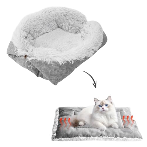GOEDCH Weiches Katzenbett Waschbar: 61x51cm 2 in 1 Katzenkissen, Plüsch Weich Katze Schlafen Bett, Flauschige Katzensofa für Katzen und Kleiner Hund, Grau Plüsch Haustierbett, Flauschige Katzendecke von GOEDCH