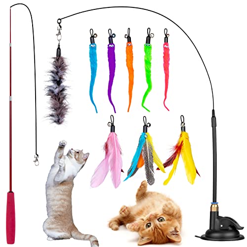 GOHHME 12pcs Katzenspielzeug Spielzeug Federn, Katzenspielzeug Angel Spielzeug mit 1 Stück Katzenstäbe 9 STK Feder Ersatz mit Glocken 1 Stück Katzenstab für Trottel und 1 Saugnäpfe für Kätzchen von GOHHME