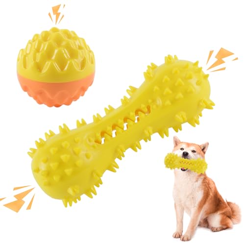 GOHHME Kauspielzeug für Hunde Kauknochen robust, 2 Stück Quietschendes Hundespielzeug für Hunde kauartikel befüllbar, Robustes Hundebeißspielzeug gegen Langeweile für mittelgroße/große Hund(Gelb) von GOHHME