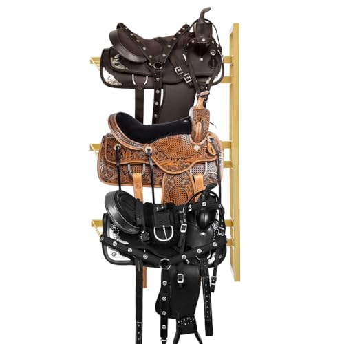 GOLASON 3-stöckige Wandhalterung, Pferde-Sattelständer, hält 3 Reit-, Western- und Englisch-Sattelständer, hängende Pferdeunterlage und Decken-Zubehör, Zubehör (Gold) von GOLASON
