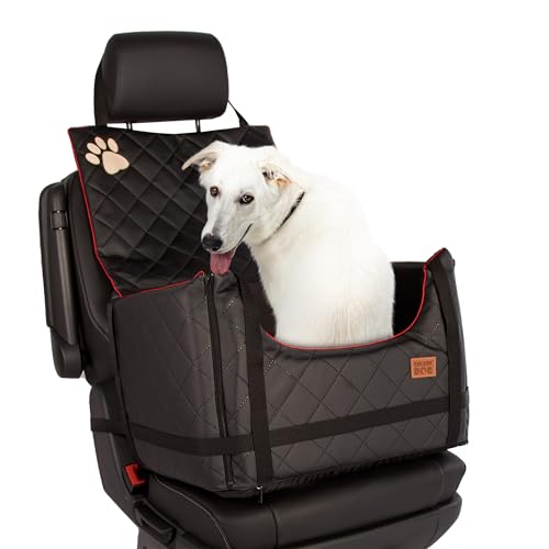 Golden Dog - Transportbox Hund mit Sicherheitsgurt M-52x44x33 cm - Leder Imitation Autositz Hund, Wasserdicht Hundesitz Auto - Beifahrersitz Hundebox Faltbar - Anschnallgurt Hundekorb Auto Schwarz von Golden Dog