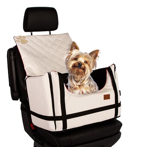 Golden Dog - Transportbox Hund mit Sicherheitsgurt S-45x35x33 cm - Leder Imitation Autositz Hund, Wasserdicht Hundesitz Auto - Beifahrersitz Hundebox Faltbar - Anschnallgurt Hundekorb Auto, Weiß von GOLDEN DOG