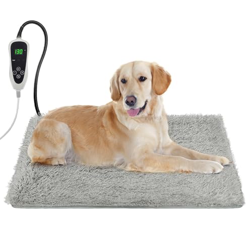 GOLOPET Hunde-Heizkissen, 81,3 x 50,8 cm, wasserdicht, Haustier-Heizkissen für Hunde, intelligenter Thermostatschalter, Whelping Supplies, Hinzufügen von Drahtseildrähten - mit Plüschstoffbezug, Grau von GOLOPET