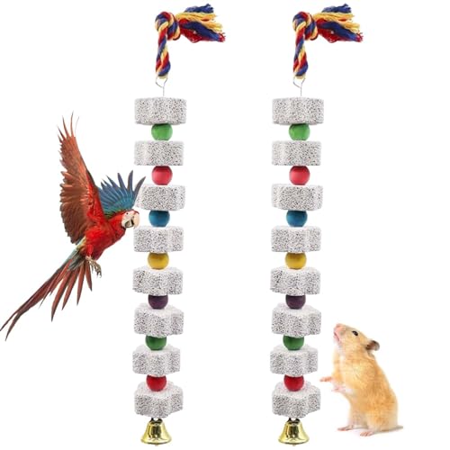2 Pack Großes Vogel-Kauspielzeug, 35cm Lange Vogel Papagei Kau-Spielzeug,Mineralstein-Backenzahn-Spielzeug mit Glocke,Vogel Hamster Nymphensittich Wellensittich FutterSpielzeug Kauspielzeug von GOMETY