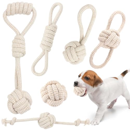 6 Stück Kauen Hundespielzeug Set,Interaktives Kauspielzeug aus Natürlicher Baumwolle,Hundespielzeug Seil mit Knoten Ball,für Kleine Mittlere Große Welpen Katzen Haustier Zahnpflege,Beige Leinen (Weiß) von GOMETY