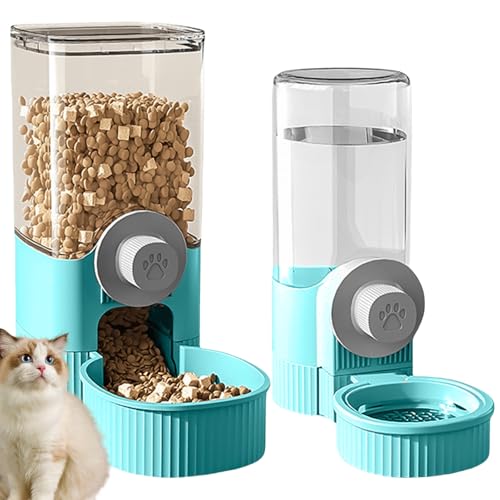 Automatischer Futterspender, Futterautomat Katze 520ML Schwerkraft Wasserspender und 1.2L Futterautomat Katze & Hund für Nass-/Trockenfutter, für kleine, mittelgroße Haustiere (Blau) von GOMETY
