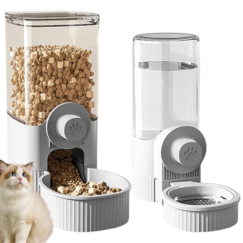 Automatischer Futterspender, Futterautomat Katze 520ML Schwerkraft Wasserspender und 1.2L Futterautomat Katze & Hund für Nass-/Trockenfutter, für kleine, mittelgroße Haustiere (Grau) von GOMETY