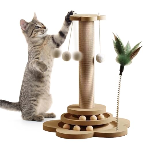 GOMETY 4 in 1 Katzenspielzeug aus Holz Roller 2-lagiger Drehteller Interaktives Katzen Spielzeug hölzernes mit Federn und Katzenminze Bälle, 40cm Katze Sisal Seil Kratzbaum mit hängenden Ball(Large) von GOMETY