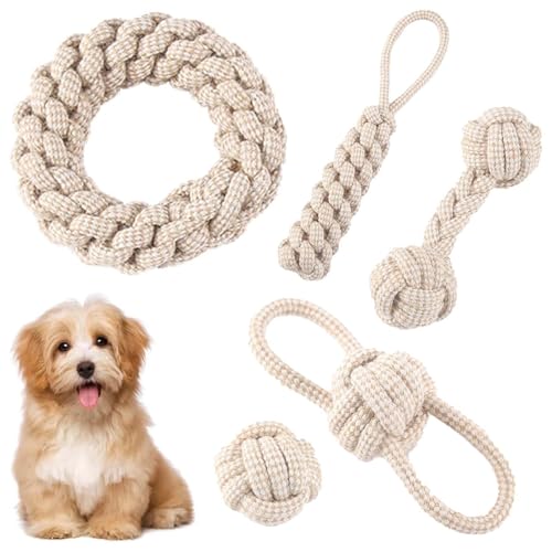 GOMETY 5 PCS Kauen Hundespielzeug Set,Interaktives Kauspielzeug aus Natürlicher Baumwolle,Hundespielzeug Seil mit Knoten Ball,für Kleine Mittlere Große Welpen Katzen Haustier Zahnpflege,Beige Leinen GOMETY 5 PCS Kauen Hundespielzeug Set,Interaktives Kauspielzeug aus Natürlicher Baumwolle,Hundespielzeug Seil mit Knoten Ball,für Kleine Mittlere Große Welpen Katzen Haustier Zahnpflege,Beige Leinen von GOMETY