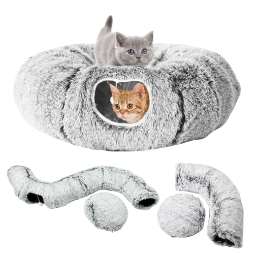 Plüsch Katzentunnel, Premium Katzentunnel, Faltbarer Runder Tunnel-Katzenbett, Faltbar Katzen Donut Katzen Tunnel, Donut Rascheltunnel, Rund Katzenbett Cat Tunnel für flauschigem Liegekissen(Grau) von GOMETY