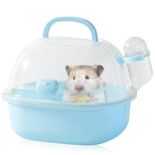 Transportbox Hamster mit Wasserflasche, 20x18x19cm Tragbare Transportbox Kleintiere Transportkäfig mit Lüftungsschlitze Reisebox Tragekäfig für Rennmäuse, Mäuse, Zwerghamster (blau) von GOMETY