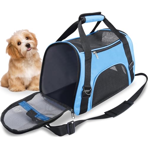 Haustier Reise Tragetasche für Katze Hund Kaninchen Hamster, Flugzeug Genehmigt Weich Seitlich Tragbare Haustier Tasche mit Schultergurt (M - 47x27x28 cm for Max 5KG Pet, Blau) von GOMMLE