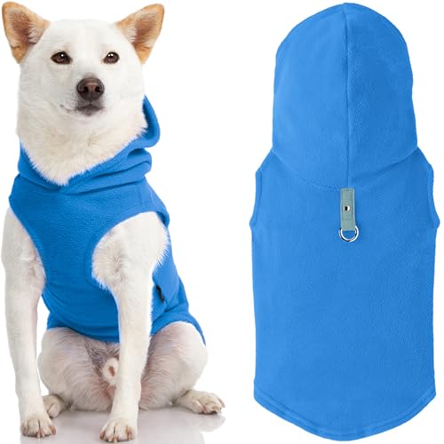 Gooby - Fleece-Weste mit Kapuze, für kleine Hunde, Fleece-Jacke mit Leinen-Ring, Blau, Größe L von GOOBY