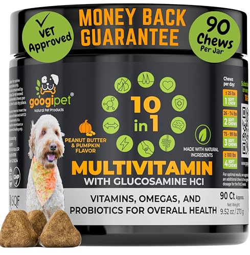 Googipet 10 in 1 Hund Multivitamin kaubar mit Hundeprobiotika für Darmgesundheit, Hundevitamine und Nahrungsergänzungsmittel mit Vitamin C & Glucosamin zur Gelenkunterstützung – Omega 3s von GOOGIPET NATURAL PET PRODUCTS