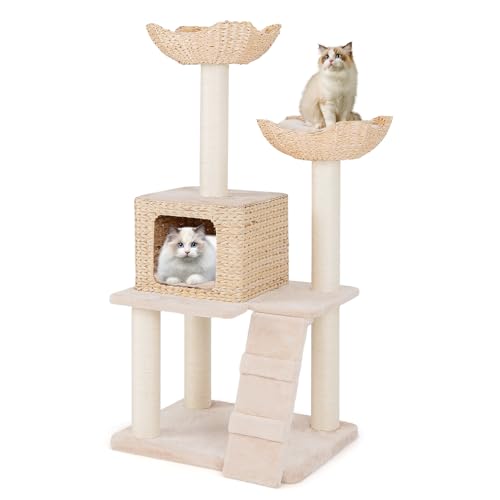 GOPLUS 122 cm Kratzbaum, Katzenbaum mit Sisal-Kratzpfosten, Perch, Katzenhöhle und Kletterleiter, Katzenaktivitätszentrum Kletterbaum mit waschbaren Kissen für Kätzchen, Beige von GOPLUS
