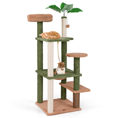 GOPLUS 152 cm Kratzbaum, Katzenbaum mit künstlichen Blättern, Sitzplattform, Hängematte, Sisalpfosten, Fellbürste, Seil & Ball, mehrstufiger Kletterbaum Katzenkratzbaum für Hauskatzen von GOPLUS