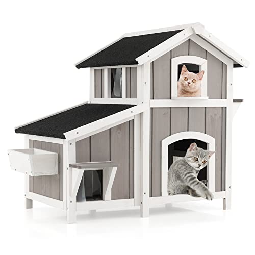 GOPLUS 2 Ebenen Katzenhaus, Katzenhütte mit abnehmbarem Boden, Katzenvilla mit Asphaltdach, 2-stöckiger Plattform, PVC-Vorhängen & Blumenkasten, Haustierhaus für drinnen & draußen GOPLUS 2 Ebenen Katzenhaus, Katzenhütte mit abnehmbarem Boden, Katzenvilla mit Asphaltdach, 2-stöckiger Plattform, PVC-Vorhängen & Blumenkasten, Haustierhaus für drinnen & draußen von GOPLUS