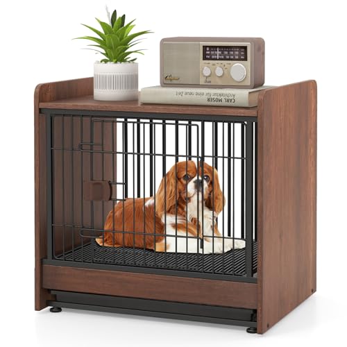 GOPLUS 2 in 1 Hundekäfig, Tierkäfig Innen mit Schloss & abnehmbarem Tablett, Hundehütte & Beistelltisch, 61 cm Kleine Hundebox für kleine & mittelgroße Hunde bis zu 50 kg, Rustikales Braun von GOPLUS