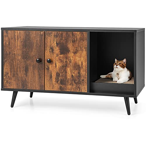 GOPLUS 2 in 1 Katzenschrank für Katzentoilette, Katzenhaus Holz mit Türen, Stahlbeine, abnehmbare Kratzbox, Wasser- und Kratzfest, Katzenhöhle für Katzen Haustier, 90x50x50cm (Vintage) von GOPLUS