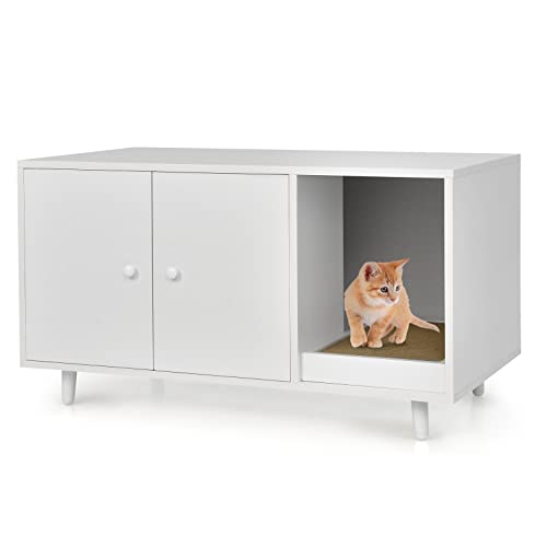 GOPLUS 2 in 1 Katzenschrank für Katzentoilette, Katzenhaus Holz mit Türen, Stahlbeine, abnehmbare Kratzbox, Wasser- und Kratzfest, Katzenhöhle für Katzen Haustier, 90x50x50cm (Weiß) von GOPLUS