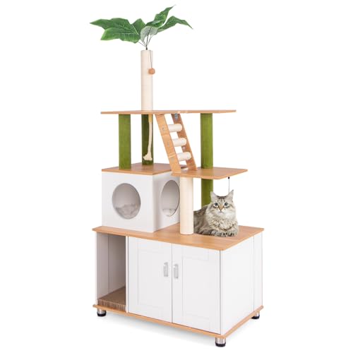 GOPLUS 2 in 1 Kratzbaum mit Katzenschrank, Katzenbaum mit Katzenhaus, Sisalpfosten, Hängeseil, baumelnden Bällen, Kratzbrett & verstecktem Toilettenbereich, große Katzenmöbel für Hauskatzen von GOPLUS