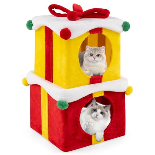 GOPLUS 2er-Set Katzenhäuser in Form Einer Weihnachtsgeschenkbox, Katzenhöhle Hundehütte Indoor für Katzen und Hunde, Katzenhaus mit Plüschbezug bis 10 kg belastbar, Rot + Gelb GOPLUS 2er-Set Katzenhäuser in Form Einer Weihnachtsgeschenkbox, Katzenhöhle Hundehütte Indoor für Katzen und Hunde, Katzenhaus mit Plüschbezug bis 10 kg belastbar, Rot + Gelb von GOPLUS