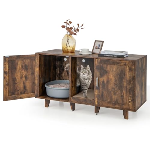 GOPLUS 3 in 1 Katzenschrank, Katzentoilette mit 2 Türen & abnehmbaren Beinen & herausnehmbarem Kratzbrett, Katzenhöhle Beistelltisch TV-Ständer für 2 Katzen, 120x52x65cm (Vintage) von GOPLUS