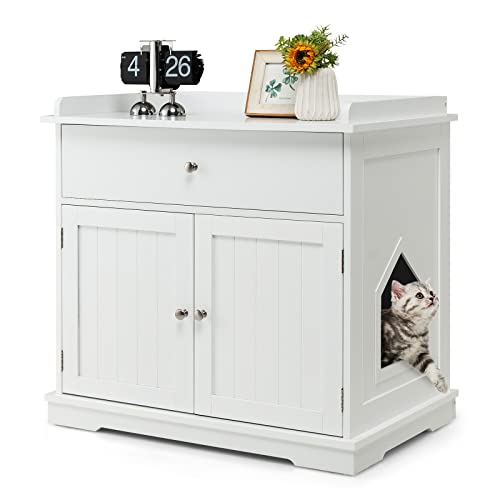 GOPLUS 3 in 1 Katzenschrank, Katzenklo mit Schubladen, Doppeltüren und Katzenlöchern, versteckte Katzentoilette, Katzenstreu-Beistelltisch für Wohnzimmer, Schlafzimmer & Balkon (Weiß) von GOPLUS