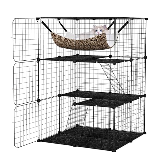 GOPLUS 3-stöckiger Katzenkäfig, Katzengehege mit Hängematte, 2 Leitern, 3 Türen & Dachfenster & Kippsicherung, Haustierkäfig aus Metall für Katzen & Haustier, Schwarz (74 x 74 x 107 cm) von GOPLUS