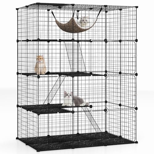 GOPLUS 4-stöckiger Katzenkäfig, Katzengehege mit Hängematte, 3 Leitern, 4 Türen & Dachfenster & Kippsicherung, Haustierkäfig aus Metall für Katzen & Haustier, Schwarz (109,5 x 74 x 142cm) von GOPLUS