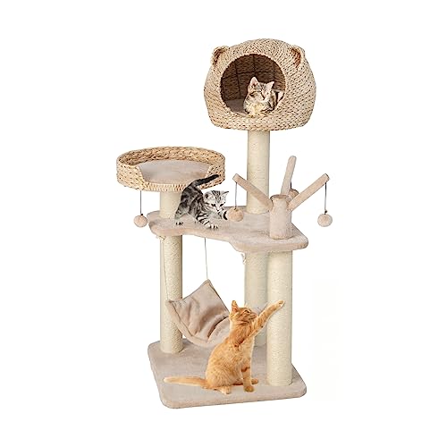 GOPLUS 5-lagiger Kratzbaum, 121 cm hoher Kletterturm mit Höhle, Katzenbett & Hängematte, Vollständig umwickelten Sisalpfosten, Abnehmbarer Plüschmatte & klingelnden Bällen für Hauskatzen, Natur GOPLUS 5-lagiger Kratzbaum, 121 cm hoher Kletterturm mit Höhle, Katzenbett & Hängematte, Vollständig umwickelten Sisalpfosten, Abnehmbarer Plüschmatte & klingelnden Bällen für Hauskatzen, Natur von GOPLUS