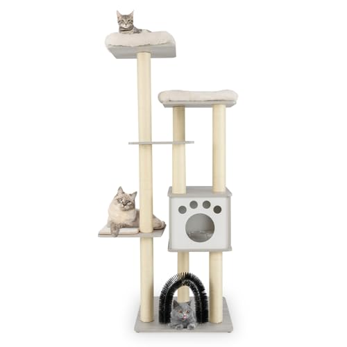 GOPLUS 6-stufiger Kratzbaum aus Holz, Katzenbaum mit gemütlicher Matten, Sisalstämmen & Katzenhaus, multifunktionaler Katzenkratzbaum zum Klettern und Spielen, für Haustiere (Grau) von GOPLUS