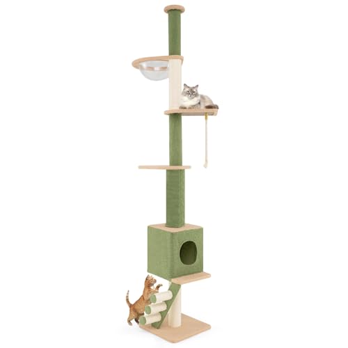 GOPLUS Deckenhoher Kratzbaum, Katzenbaum 218–253 cm höhenverstellbar mit 2 Pfosten, Raumkapsel, Katzenhaus, Sisalpfosten, Kletterleiter & Spielseil, 5-stöckiges Katzenkratzbaum für Katzen, Grün GOPLUS Deckenhoher Kratzbaum, Katzenbaum 218–253 cm höhenverstellbar mit 2 Pfosten, Raumkapsel, Katzenhaus, Sisalpfosten, Kletterleiter & Spielseil, 5-stöckiges Katzenkratzbaum für Katzen, Grün von GOPLUS