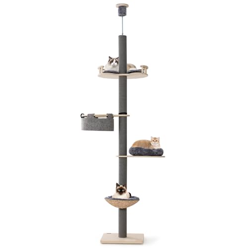 GOPLUS Deckenhoher Kratzbaum, Katzenbaum mit Einstellbarer Höhe 236–272 cm, 5-stufiger Katzenkratzbaum für Katzen mit Kratzpfosten, Sprungbrett, Korbbett & Hängematte, Grau GOPLUS Deckenhoher Kratzbaum, Katzenbaum mit Einstellbarer Höhe 236–272 cm, 5-stufiger Katzenkratzbaum für Katzen mit Kratzpfosten, Sprungbrett, Korbbett & Hängematte, Grau von GOPLUS