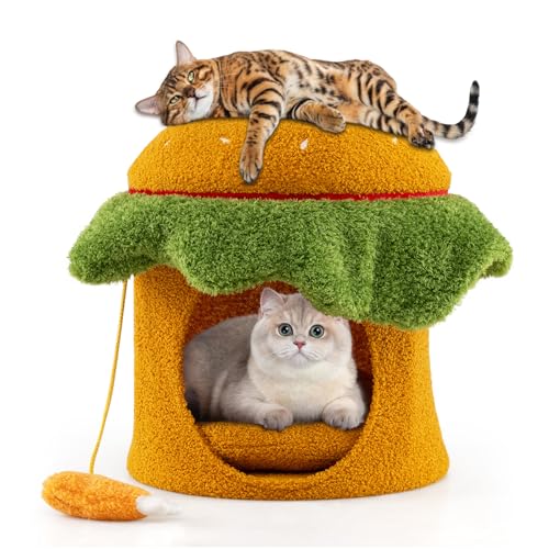 GOPLUS Hamburgerförmiges Katzenbett, Hamburger Katzenkratzbaum mit kuscheligem Häuschen, hängendem Hähnchen-Spielzeug, gepolsterter Oberseite & abnehmbarem waschbarem Kissen, Katzenhöhle für Kartzen von GOPLUS