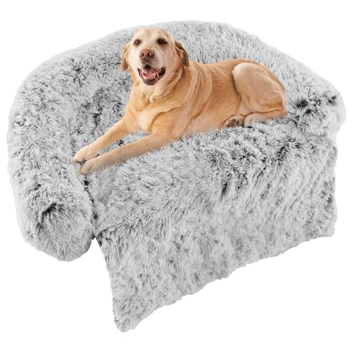 GOPLUS Hundebett, Flauschige Hundematte mit Sofabezug & Abnehmbarer Waschbarer Überzug, Haustiersofabett mit Weichem Nackenpolster & Tragegriff für Hunde Katzen (L (120 x 115 x 18 cm), Grau) von GOPLUS