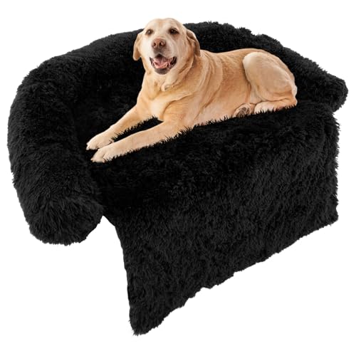 GOPLUS Hundebett, Flauschige Hundematte mit Sofabezug & Abnehmbarer Waschbarer Überzug, Haustiersofabett mit Weichem Nackenpolster & Tragegriff für Hunde Katzen (L (120 x 115 x 18 cm), Schwarz) von GOPLUS