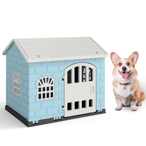 GOPLUS Hundehütte Outdoor, Hundehütte wetterfest mit abschließbarer Tür, 3 Fenster, geneigtes Dach, Hundekäfig Indoor, Haustierhaus Zuhause für kleine bis mittelgroße Hunde & Katzen (Blau) von GOPLUS