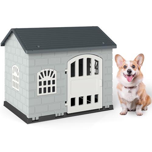 GOPLUS Hundehütte Outdoor, Hundehütte wetterfest mit abschließbarer Tür, 3 Fenster, geneigtes Dach, Hundekäfig Indoor, Haustierhaus Zuhause für kleine bis mittelgroße Hunde & Katzen (Grau) von GOPLUS