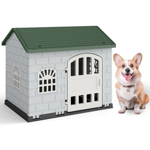 GOPLUS Hundehütte Outdoor, Hundehütte wetterfest mit abschließbarer Tür, 3 Fenster, geneigtes Dach, Hundekäfig Indoor, Haustierhaus Zuhause für kleine bis mittelgroße Hunde & Katzen (Grün) von GOPLUS