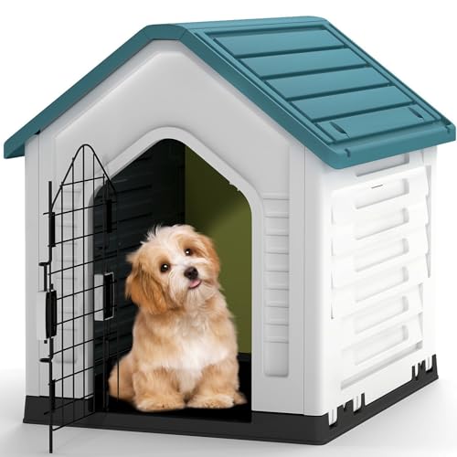 GOPLUS Hundehütte Outdoor, Hundehütte wetterfest mit verschließbarer Gittertür & erhöhter Boden, Luftventile, Schrägdach, Hundekäfig Indoor, Haustierhaus Zuhause für Hunde & Katzen (Blau) von GOPLUS