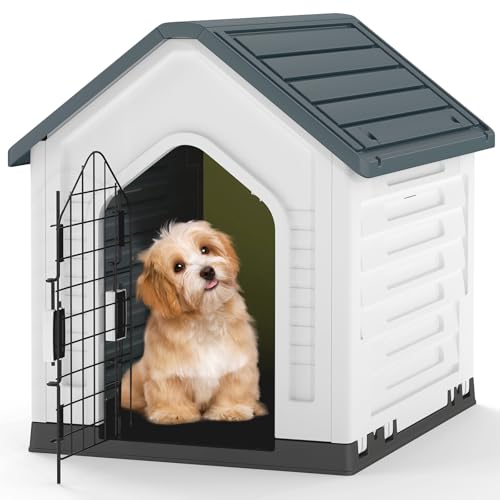 GOPLUS Hundehütte Outdoor, Hundehütte wetterfest mit verschließbarer Gittertür & erhöhter Boden, Luftventile, Schrägdach, Hundekäfig Indoor, Haustierhaus Zuhause für Hunde & Katzen (Grau) von GOPLUS