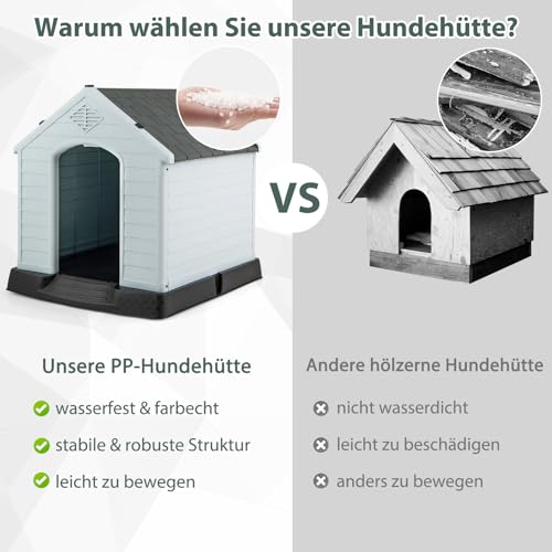 GOPLUS Hundehütte aus Kunststoff, Zwinger für Drinnen und Draußen, Hunde-Haus mit Belüftungsystem und Befestigungsvorrichtung, Stabil und Kratzfest, mit Erhöhtem Boden (S) von GOPLUS
