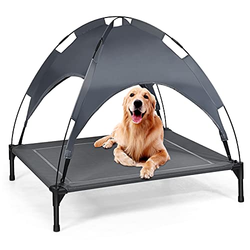 GOPLUS Hundeliege mit Dach, Erhöhtes Hundebett, Haustierbett mit Eisenrahmen, Wasserdichtes Hundesofa, Katzenbett mit Sonnensegel, rutschfeste Fußpolster, für Indoor & Outdoor (105x86x87cm) von GOPLUS