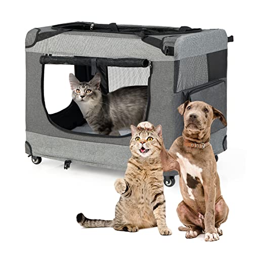 GOPLUS Hundetasche Groß, Faltbare Katzentransportbox mit 3 Eingänge & 2 Bremsrädern, Atmungsaktive Transporttasche für Katzen, Mobile & Einfach zu Verstauende Haustiertransportbox für Outdoor von GOPLUS